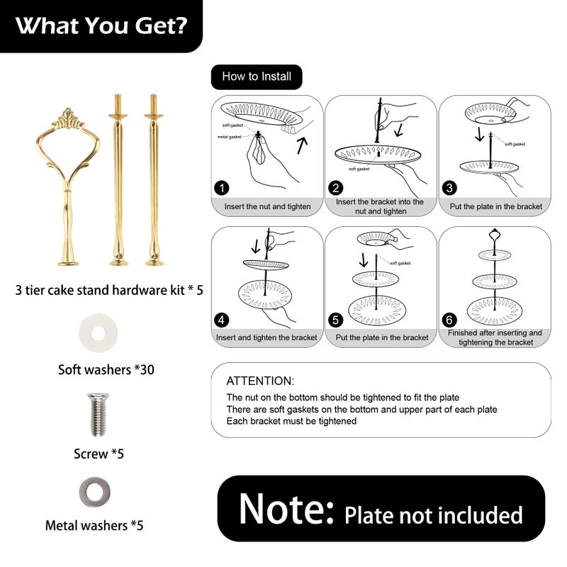 Happy Will 3 Tier Tiered Tray Hardware Kits Fruit Cake Plate Handle Fitting Hardware Rod Dessert Stand Holder Golden Crown 5 Setï¼ˆPlate not Includedï¼‰ - Image 4